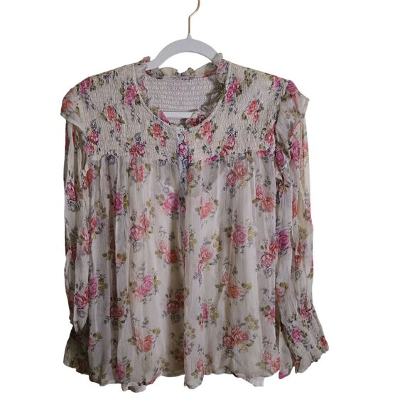 Sundance Amelia Floral Sheer Blouse With Cami Bohemian Ruffled Smocked Size PS - Picture 2 of 10